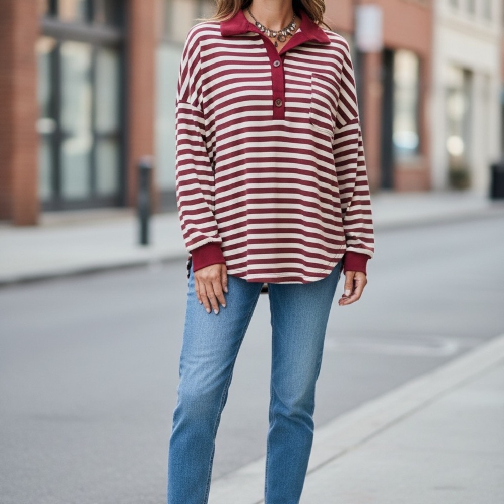 Women’s Oversized Red & Brown Striped Polo Shirt – Size Medium, NWOT Casual Knit